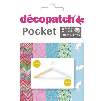 Decopatch Pocket No30 pocket met 5 vellen bedrukt papier 30x40 cm, diverse patronen (ref.603, 299, 537, 830 en 727)